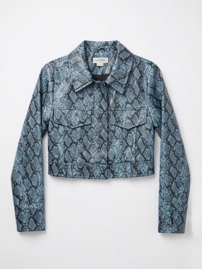 NOIZE Blue Snake Print Cropped Trucker/ Biker Jacket with Dual Chest Pockets